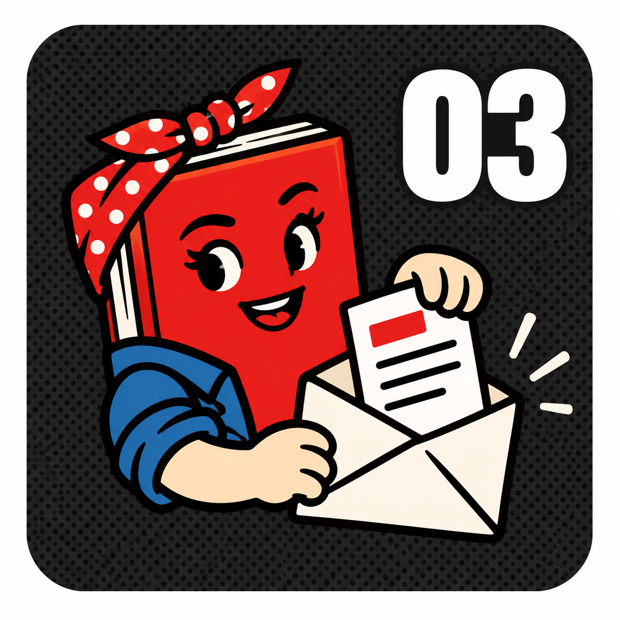 Illustrazione pop: libro rosso che inserisce un documento in una busta, numero 03